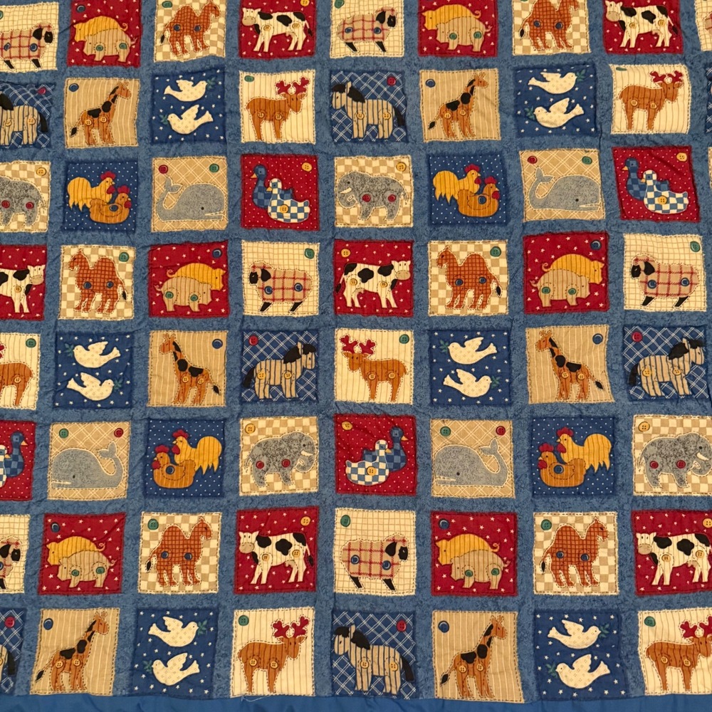 1.a.0.0.7.14 Handmade Animal Quilt Noah's Ark Farm Zoo Print Blue Country Throw